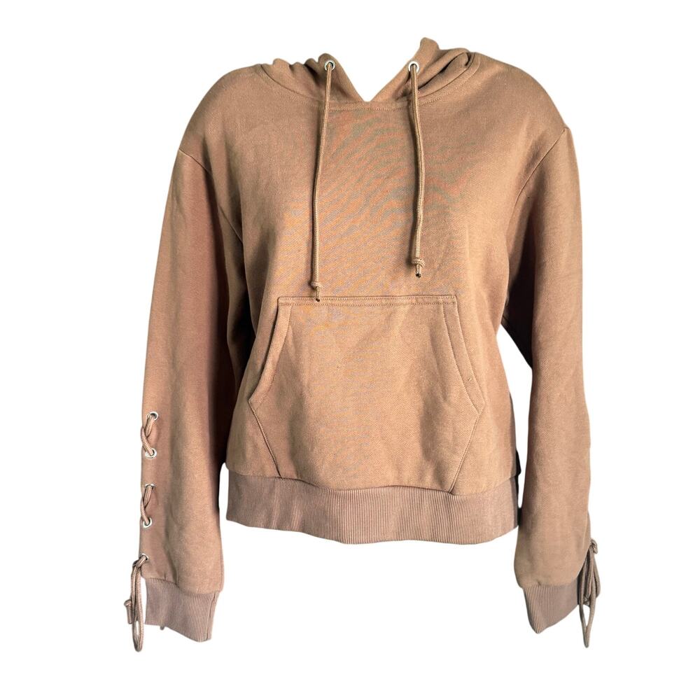 AllureLuxe Medium Brown Cowl Neck Hoodie Lace Up Sleeve Pullover